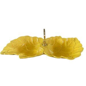 Vintage Retro USA Pottery Yellow Leaf 2 Sided Server w/ Gold Handle